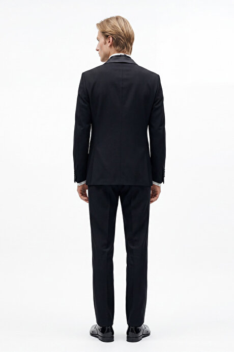 Keten Slim Fit Dar Kesim Kırlangıç Yaka Çift Fleto Cepli Kruvaze Lacivert Smokin Takım resmi