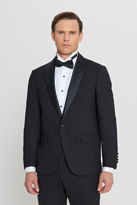 Yünlü Regular Fit Çıkma Şal Yaka Kapak Cepli Esnek Damatlık Siyah Smokin Takım resmi