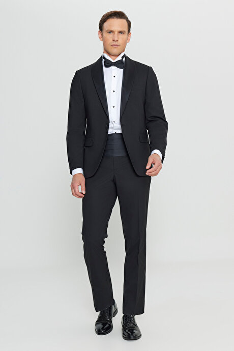 Yünlü Regular Fit Çıkma Şal Yaka Kapak Cepli Esnek Damatlık Siyah Smokin Takım resmi