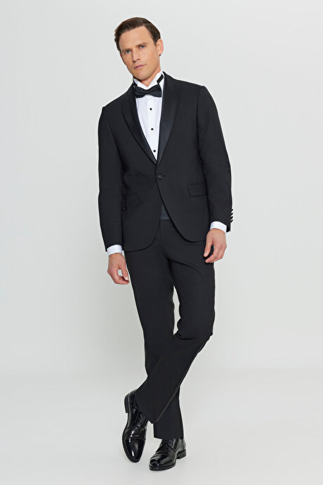 Yünlü Regular Fit Çıkma Şal Yaka Kapak Cepli Esnek Damatlık Siyah Smokin Takım resmi