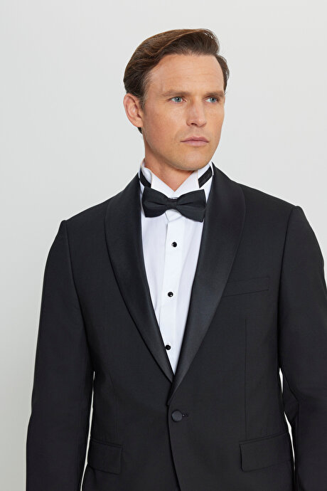 Yünlü Regular Fit Çıkma Şal Yaka Kapak Cepli Esnek Damatlık Siyah Smokin Takım resmi