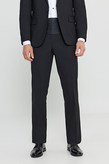 Yünlü Regular Fit Çıkma Şal Yaka Kapak Cepli Esnek Damatlık Siyah Smokin Takım resmi