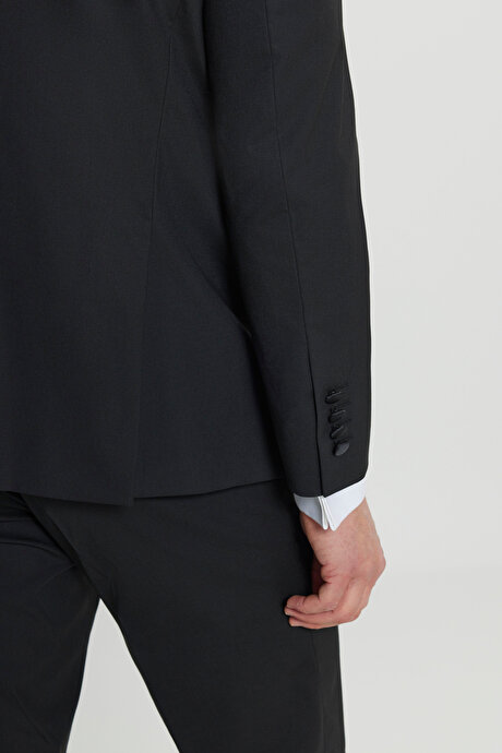 Yünlü Regular Fit Çıkma Şal Yaka Kapak Cepli Esnek Damatlık Siyah Smokin Takım resmi