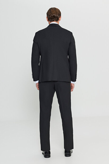 Yünlü Regular Fit Çıkma Şal Yaka Kapak Cepli Esnek Damatlık Siyah Smokin Takım resmi
