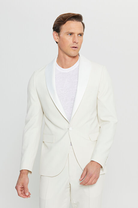 Slim Fit Dar Kesim Çıkma Şal Yaka Kapak Cepli Damatlık Ekru Smokin Takım resmi