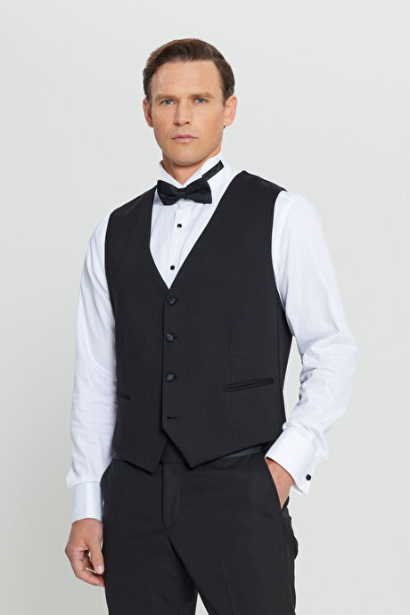 Pamuklu Slim Fit Dar Kesim Klasik Örme Siyah Yelek resmi