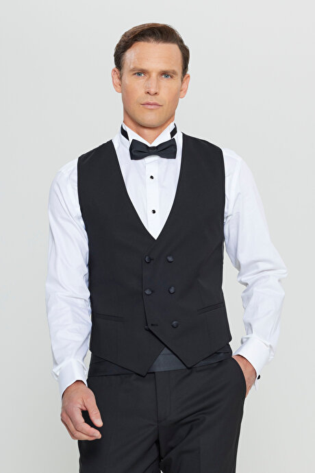 Yünlü Slim Fit Dar Kesim Yelekli Klasik Kruvaze Siyah Yelek resmi