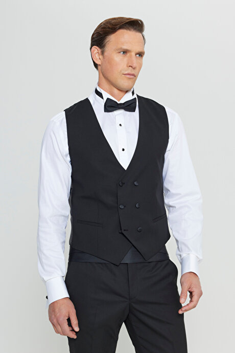 Yünlü Slim Fit Dar Kesim Yelekli Klasik Kruvaze Siyah Yelek resmi