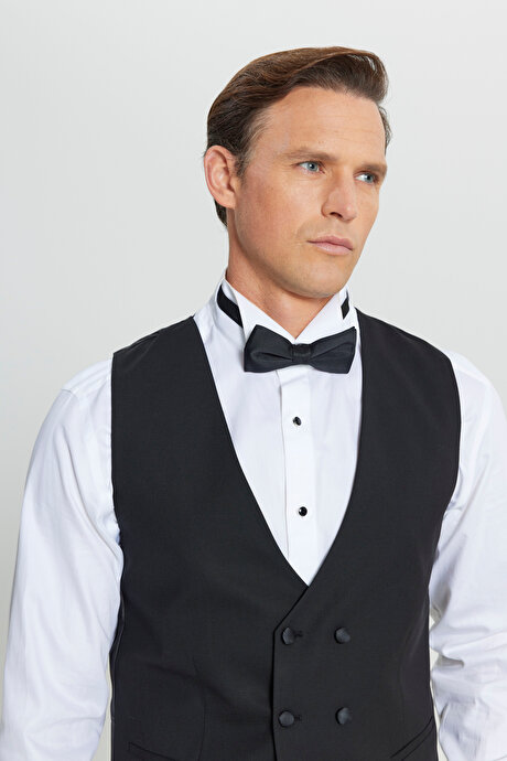 Yünlü Slim Fit Dar Kesim Yelekli Klasik Kruvaze Siyah Yelek resmi