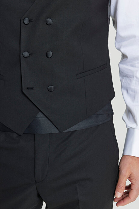 Yünlü Slim Fit Dar Kesim Yelekli Klasik Kruvaze Siyah Yelek resmi