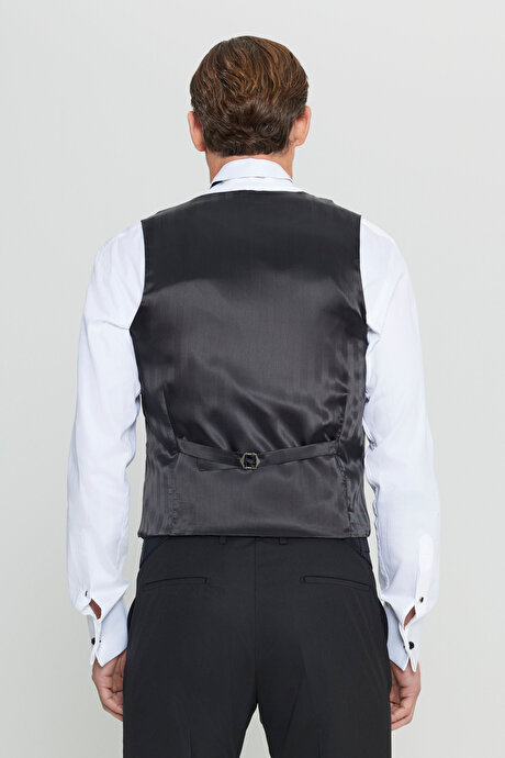 Yünlü Slim Fit Dar Kesim Yelekli Klasik Kruvaze Siyah Yelek resmi