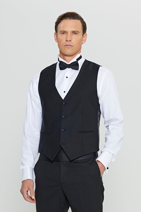 Yünlü Slim Fit Dar Kesim Klasik Siyah Yelek resmi