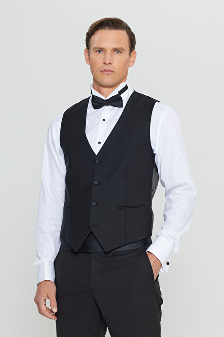Yünlü Slim Fit Dar Kesim Klasik Siyah Yelek resmi