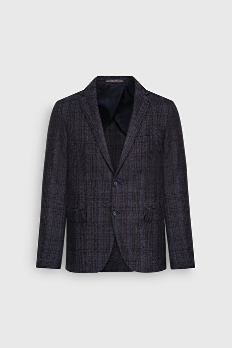 Yün Slim Fit Dar Kesim Mono Yaka Desenli Kapak Cepli Blazer Lacivert Ceket resmi