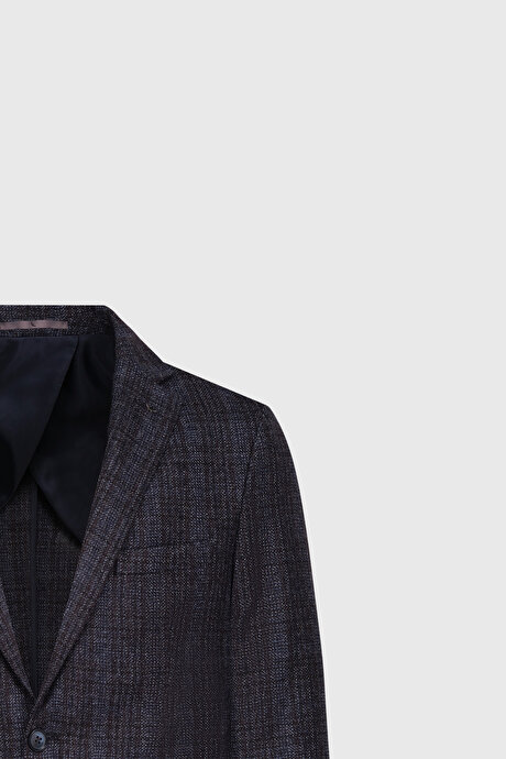 Yün Slim Fit Dar Kesim Mono Yaka Desenli Kapak Cepli Blazer Lacivert Ceket resmi