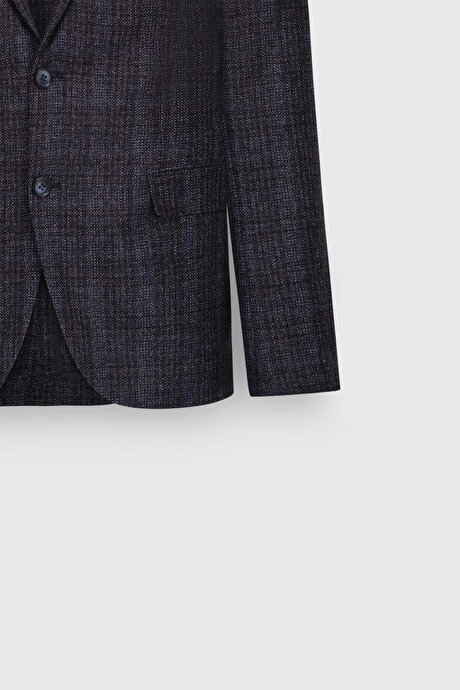 Yün Slim Fit Dar Kesim Mono Yaka Desenli Kapak Cepli Blazer Lacivert Ceket resmi