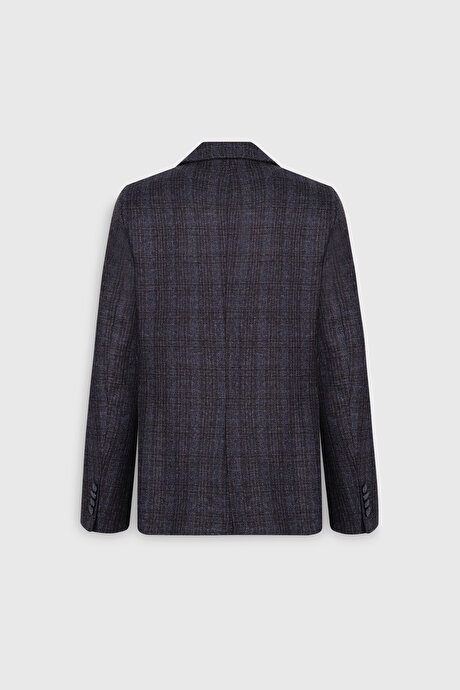 Yün Slim Fit Dar Kesim Mono Yaka Desenli Kapak Cepli Blazer Lacivert Ceket resmi