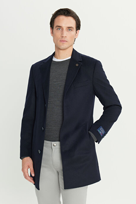 Yün Standart Fit Normal Kesim Mono Yaka Yan Cepli Lacivert Palto resmi