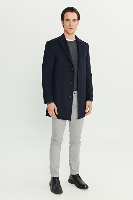 Yün Standart Fit Normal Kesim Mono Yaka Yan Cepli Lacivert Palto resmi