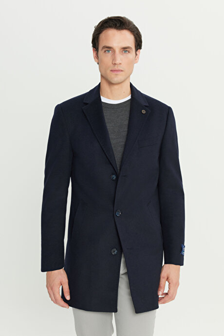 Yün Standart Fit Normal Kesim Mono Yaka Yan Cepli Lacivert Palto resmi