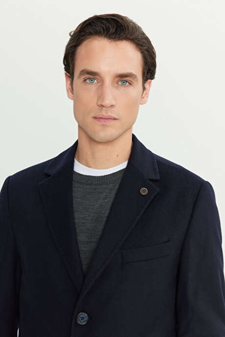 Yün Standart Fit Normal Kesim Mono Yaka Yan Cepli Lacivert Palto resmi