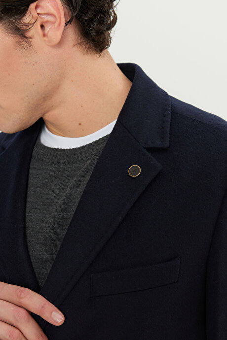 Yün Standart Fit Normal Kesim Mono Yaka Yan Cepli Lacivert Palto resmi