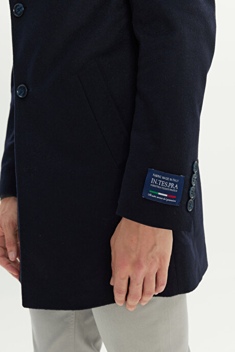 Yün Standart Fit Normal Kesim Mono Yaka Yan Cepli Lacivert Palto resmi