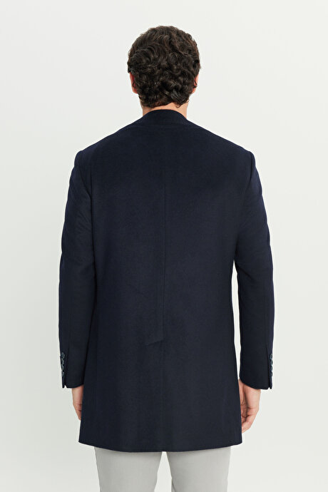 Yün Standart Fit Normal Kesim Mono Yaka Yan Cepli Lacivert Palto resmi