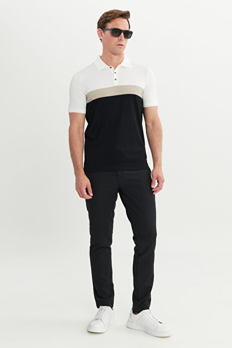 Standart Fit Normal Kesim Polo Yaka Triko Siyah-Bej Tişört resmi