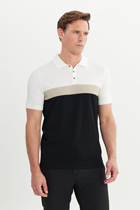 Standart Fit Normal Kesim Polo Yaka Triko Siyah-Bej Tişört resmi