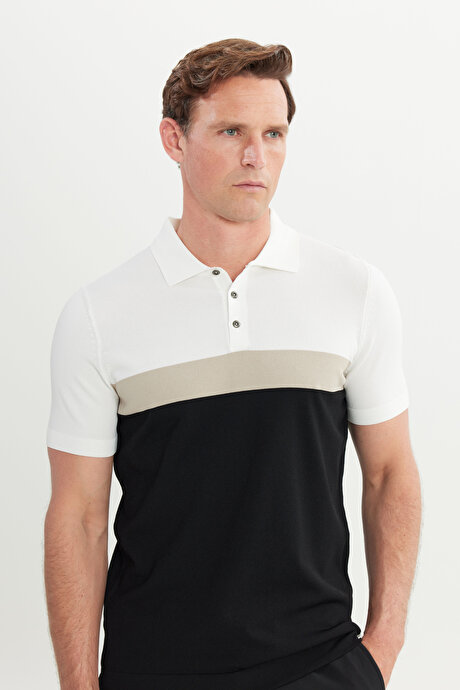 Standart Fit Normal Kesim Polo Yaka Triko Siyah-Bej Tişört resmi