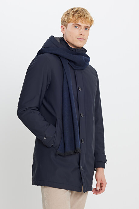 Standart Fit Normal Kesim Kapüşon Çıkmalı Dik Yaka Çıtçıtlı Yan Cepli Lacivert Kaban resmi