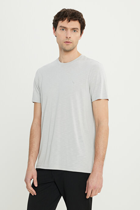 Yumuşak Dokulu Slim Fit Dar Kesim Bisiklet Yaka Açık Gri Tişört resmi