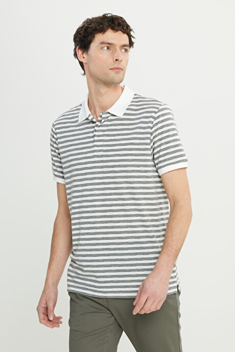 Slim Fit Dar Kesim Polo Yaka Esnek Beyaz-Gri Tişört resmi