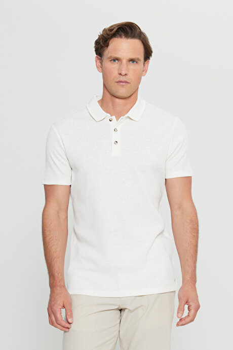 Pamuklu Slim Fit Dar Kesim Polo Yaka Çizgili Ekru Tişört resmi