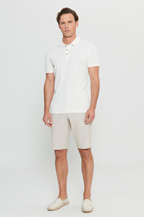 Pamuklu Slim Fit Dar Kesim Polo Yaka Çizgili Ekru Tişört resmi