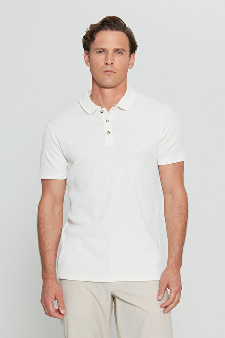Pamuklu Slim Fit Dar Kesim Polo Yaka Çizgili Ekru Tişört resmi