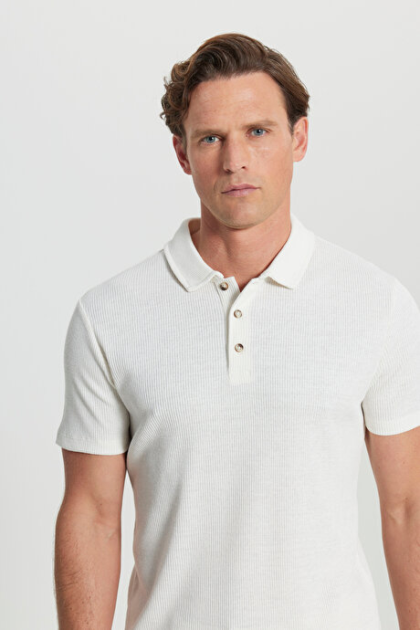 Pamuklu Slim Fit Dar Kesim Polo Yaka Çizgili Ekru Tişört resmi