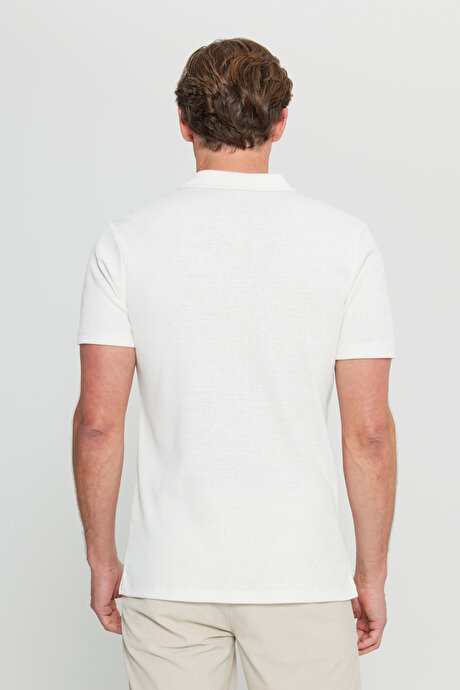 Pamuklu Slim Fit Dar Kesim Polo Yaka Çizgili Ekru Tişört resmi