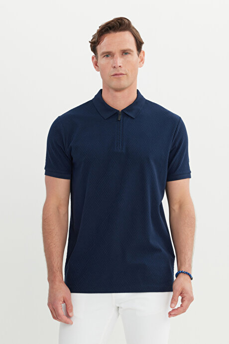 Pamuklu Slim Fit Dar Kesim Polo Yaka Esnek Lacivert Tişört resmi
