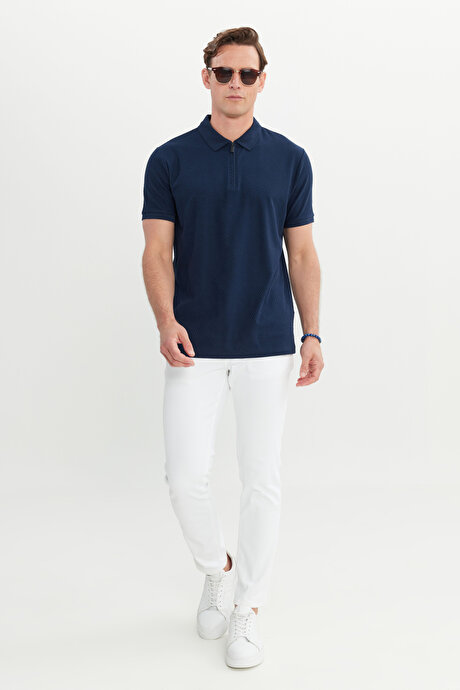 Pamuklu Slim Fit Dar Kesim Polo Yaka Esnek Lacivert Tişört resmi