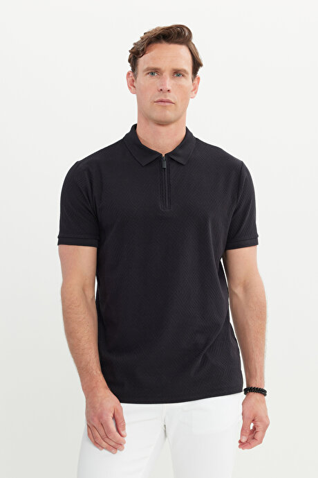 Pamuklu Slim Fit Dar Kesim Polo Yaka Esnek Siyah Tişört resmi