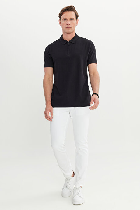 Pamuklu Slim Fit Dar Kesim Polo Yaka Esnek Siyah Tişört resmi