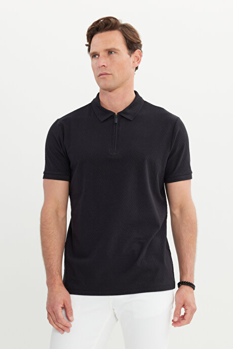 Pamuklu Slim Fit Dar Kesim Polo Yaka Esnek Siyah Tişört resmi