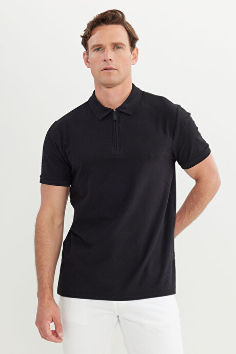 Pamuklu Slim Fit Dar Kesim Polo Yaka Esnek Siyah Tişört resmi