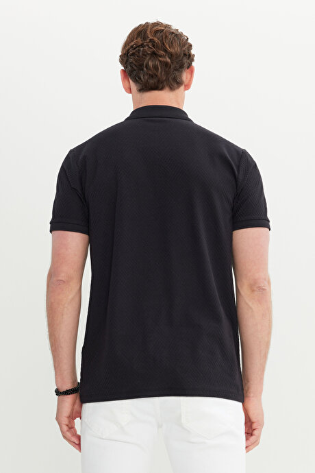 Pamuklu Slim Fit Dar Kesim Polo Yaka Esnek Siyah Tişört resmi