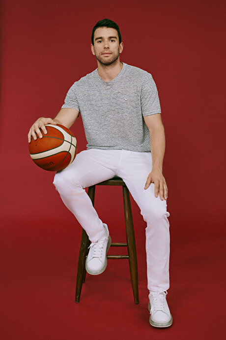 %100 Keten Slim Fit Dar Kesim Çizgili Bisiklet Yaka Gri-Ekru Tişört resmi