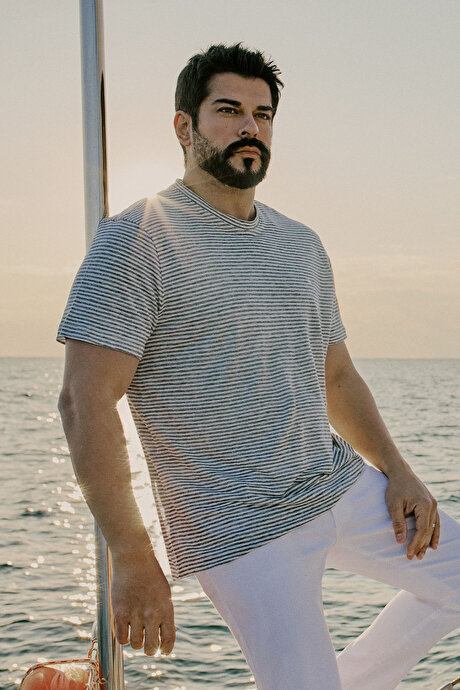 %100 Keten Slim Fit Dar Kesim Çizgili Bisiklet Yaka Gri-Ekru Tişört resmi