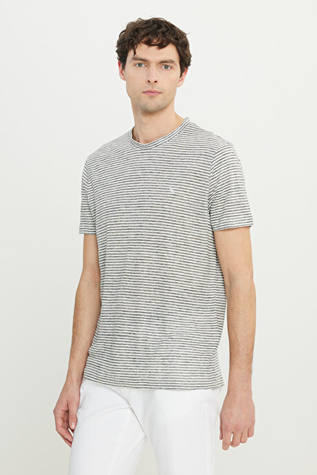 %100 Keten Slim Fit Dar Kesim Çizgili Bisiklet Yaka Gri-Ekru Tişört resmi