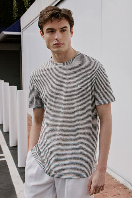 %100 Keten Slim Fit Dar Kesim Çizgili Bisiklet Yaka Gri-Ekru Tişört resmi